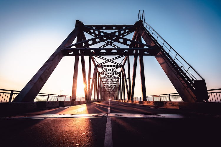 Bridge through Zeya river. Early spring strain gauge uses